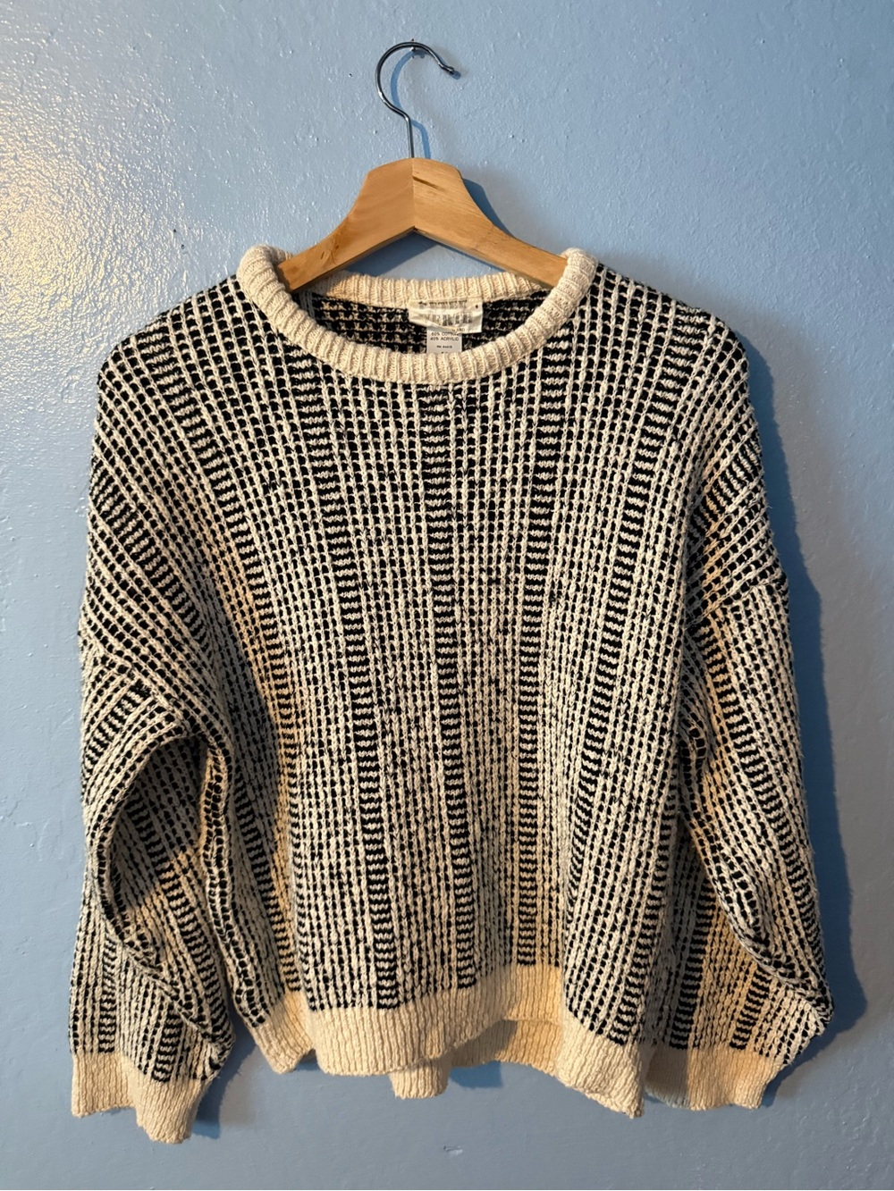 PETER WERTH Black and Cream Cotton Blend Woven-Texture Crewneck Sweater 🏴